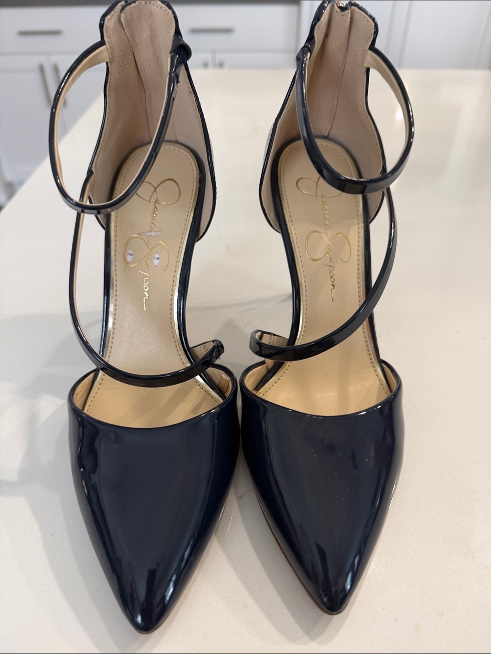 Jessica Simpson Glossy Navy Pointed-Toe Swirl Strap Heels